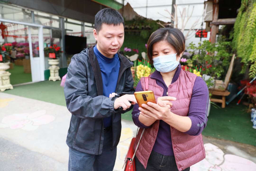 来自桂城花店的陈小姐来此批量购买蝴蝶兰，拿回去桂城售卖。现场得知有活动的她，当即抽中了50元年花消费券。