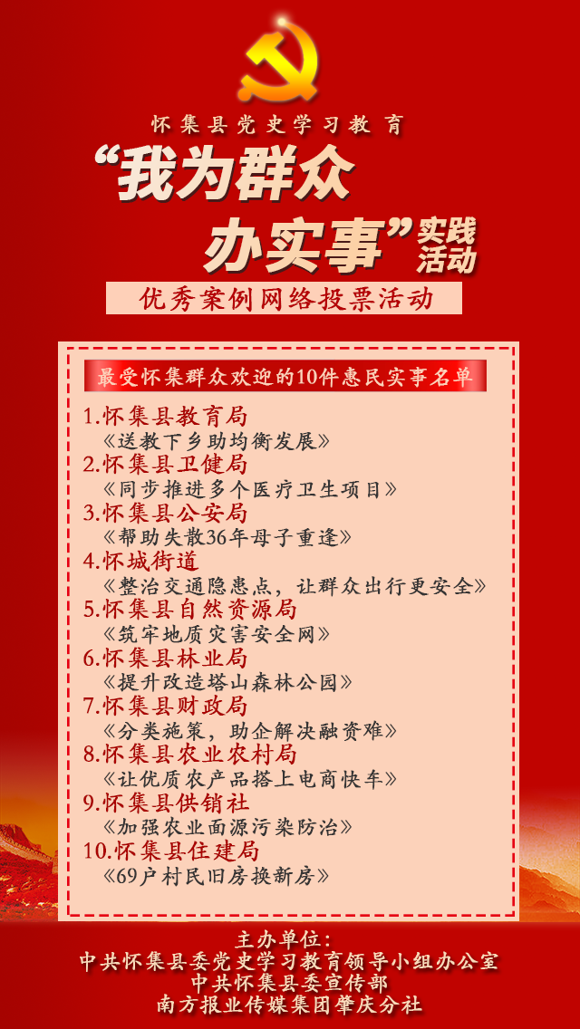 在怀集县委宣传部的指导下,1月18日,怀集县委党史学习教育领导小组办公室联合南方报业传媒集团肇庆分社,推出为期11天的怀集县“我为群众办实事”实践活动优秀案例网络投票活动,推动“我为群众办实事”实践活动落到实处,加强全县先进经验做法的总结推广。 在怀集县委宣传部的指导下,1月18日,怀集县委党史学习教育领导小组办公室联合南方报业传媒集团肇庆分社,推出为期11天的怀集县“我为群众办实事”实践活动优秀案例网络投票活动,推动“我为群众办实事”实践活动落到实处,加强全县先进经验做法的总结推广。