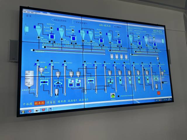 中控室的大屏幕上显示整个大米加工生产设备运行情况，一键操作，自动调控，无需人值守。