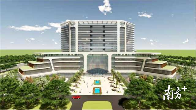 南方医科大学珠江医院三水医院（三水区新城医院）门诊住院大楼主体工程已封顶，进入室内外全面装修阶段。图为效果图