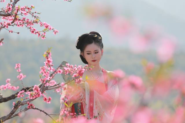 穿汉服赏桃花。