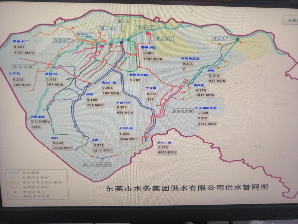 ▲东莞东江沿线水厂供水主管网贯通，实现“全市供水一张网”。