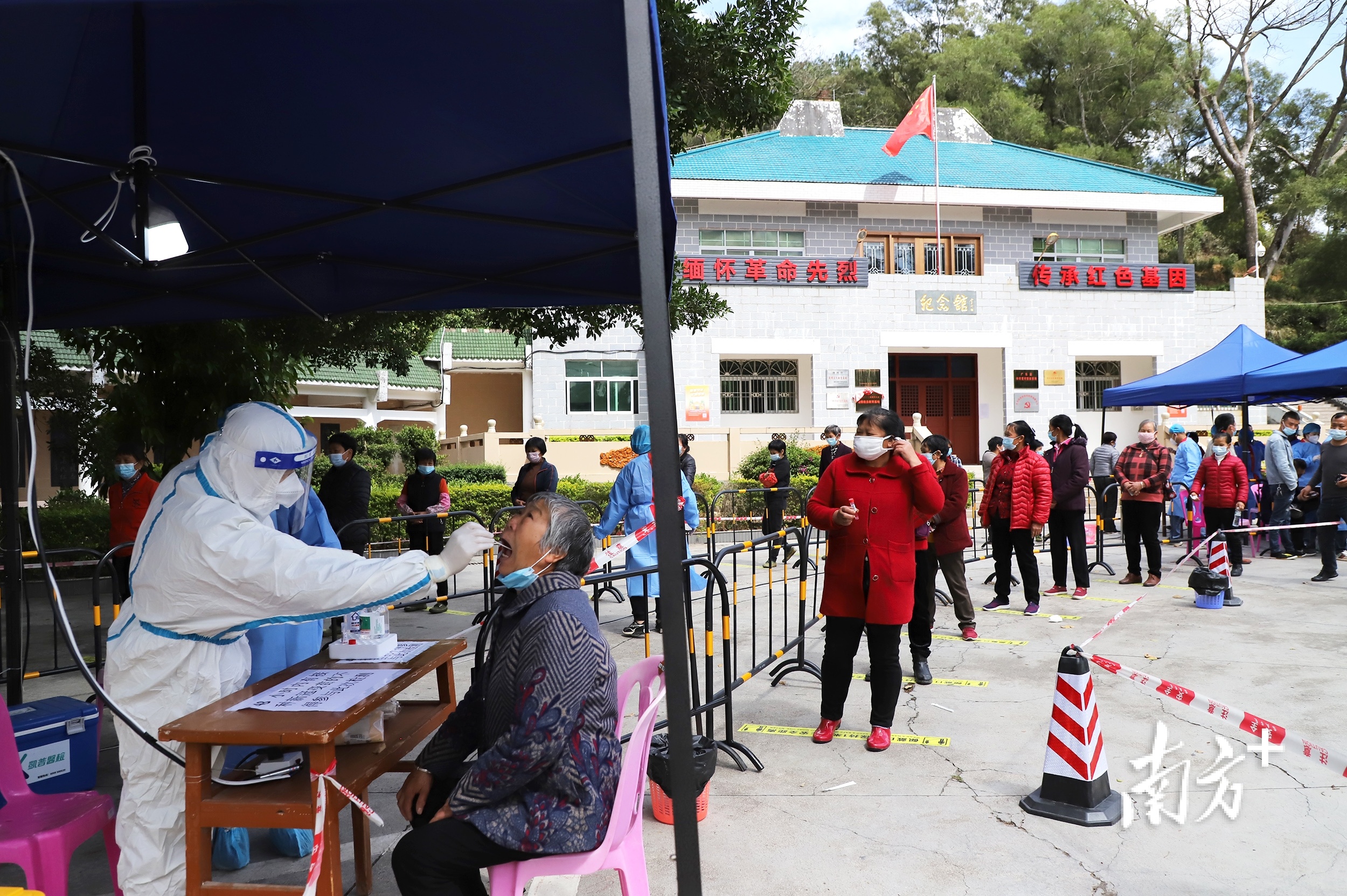 采茶工人们秩序井然迅速完成落地查验工作。 南方+ 纪金娜 拍摄 采茶工人们秩序井然迅速完成落地查验工作。 南方+ 纪金娜 拍摄