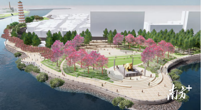 滨水岸线示范段二期金鳌洲广场效果图。