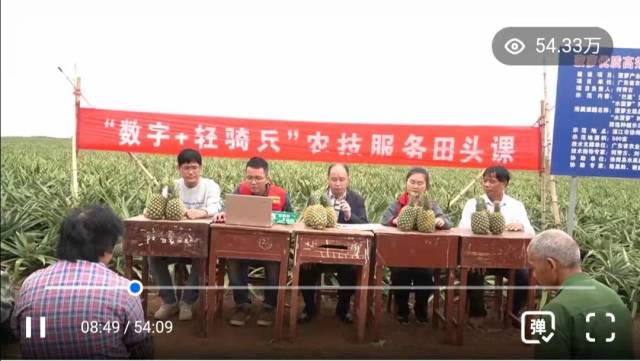 课桌前，嘉宾正在授课。湛江市农业技术推广中心生产试验股长林海荣（左1），广东省农业技术推广中心副科长陈敬安（左2），广东省农业科学院果树研究所副研究员刘传和（中），广东拉多美化肥有限公司高级农化师陈晨（右2），徐闻县锦和镇菠萝种植大户周建光（右1）