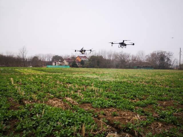 安徽省宣城市宣州区向阳镇小李村大疆无人机春耕作业。