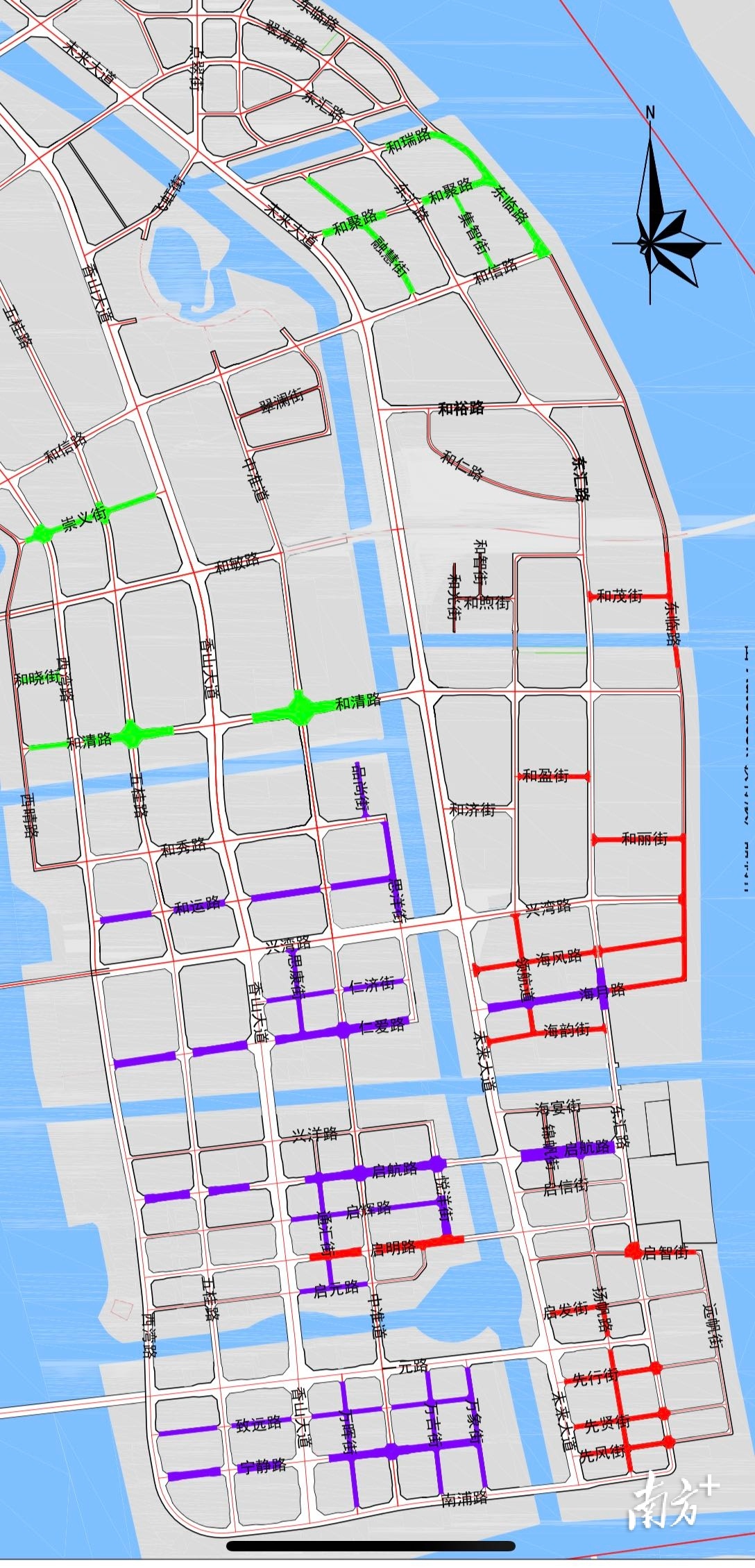 翠亨新区东片区（马鞍岛）三大片区路网布局。