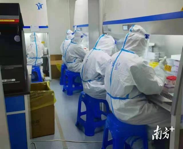 4月4日上午，广东援沪核酸检测队员们已经争分夺秒投入上海的核酸检测工作中。