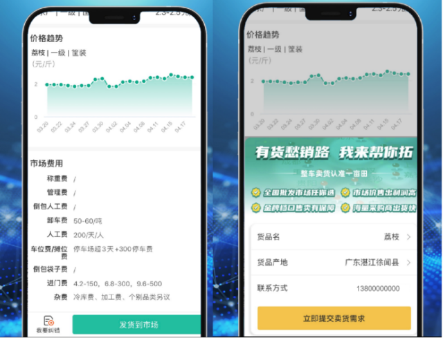 广东荔枝全球大数据平台 移动端发货到市场操作界面（示意）