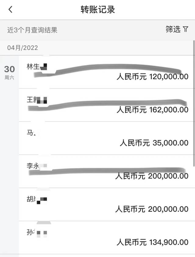 李立4月30日向六個私人賬戶轉賬的記錄.