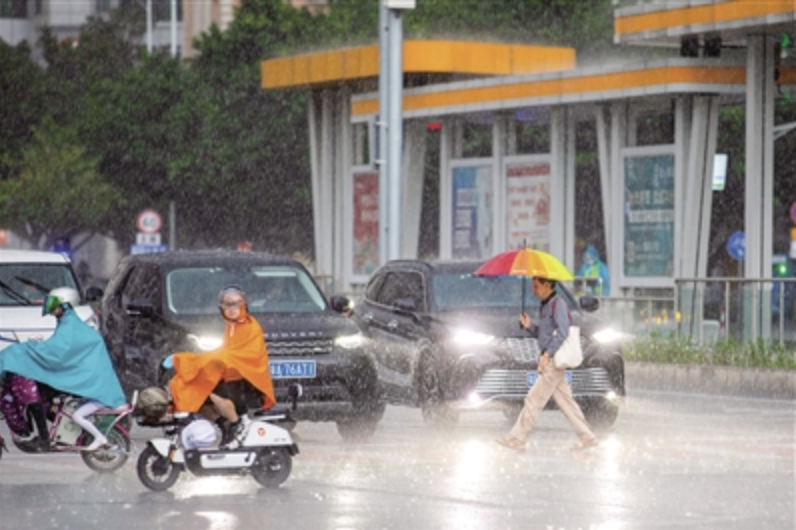 11日下午五时，在高明区中山路，市民在雨中出行。/佛山日报记者洪海摄