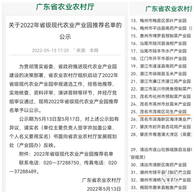 茂南区花生产业园进入2022年省级现代农业产业园推荐名单