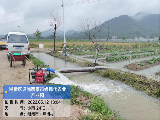 产业园已投入水泵，排出菜地的积水。