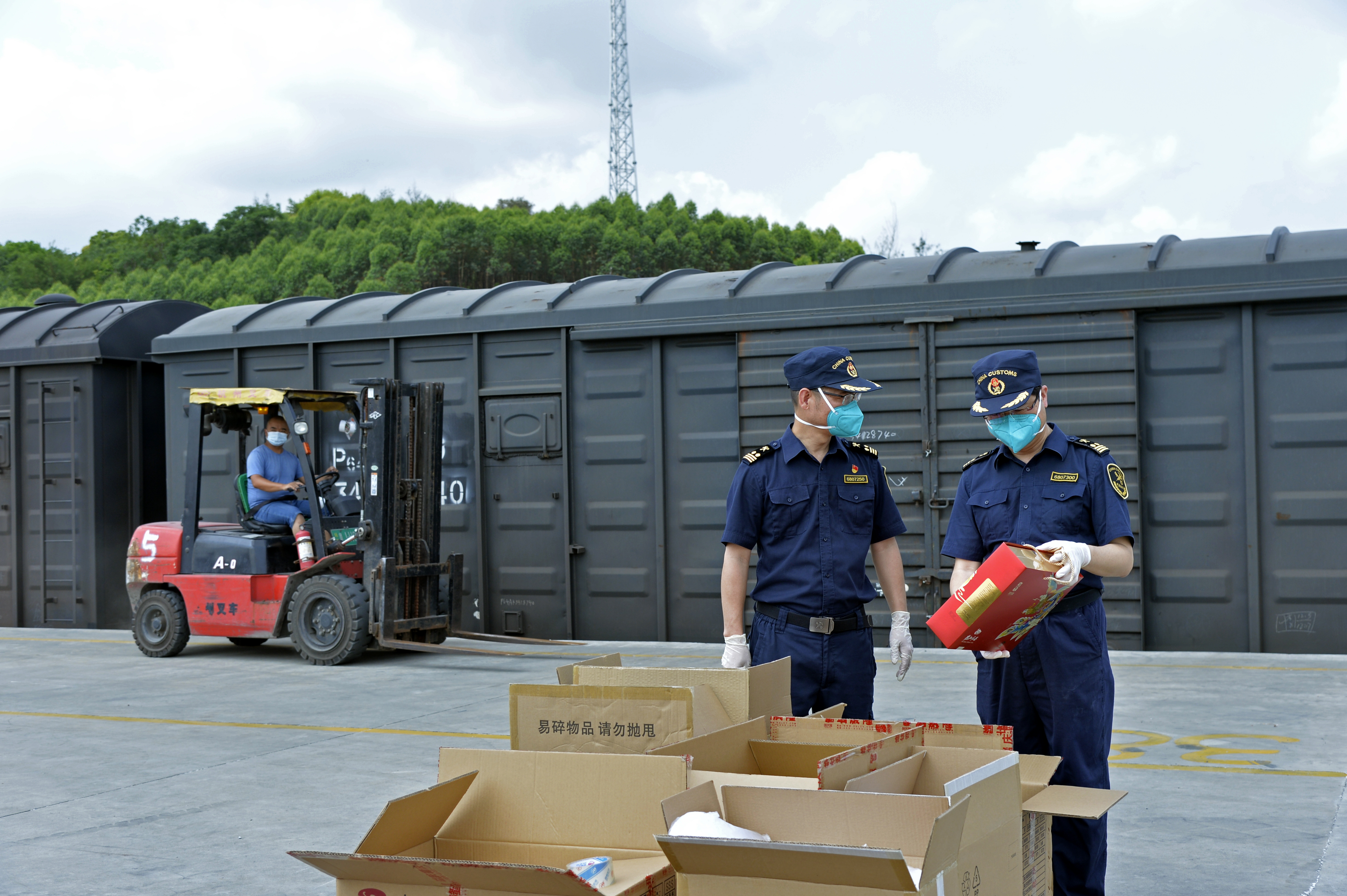 江门海关所属鹤山海关关员对中欧班列出口货物进行查验.江关宣 摄