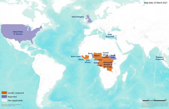 1970年—2021年报告过猴痘确诊病例的国家。来源：世界卫生组织