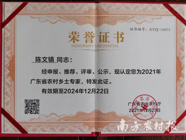 2021年陈文镇被认定为广东农村乡土专家。