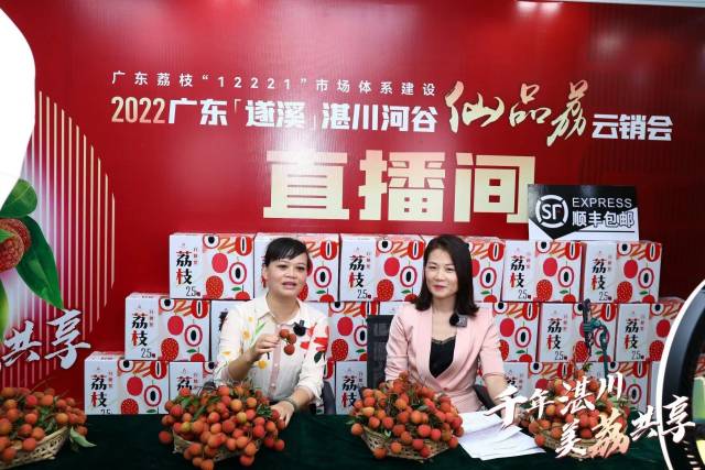 2022年5月25日,以“千年湛川,美荔共享”为主题的2022广东(遂溪)湛川河谷“仙品荔”云销会在遂溪乌塘湛川云销售中心成功举办。遂溪县委常委、副县长陶媚(左)为线上观众介绍遂溪荔枝。 2022年5月25日,以“千年湛川,美荔共享”为主题的2022广东(遂溪)湛川河谷“仙品荔”云销会在遂溪乌塘湛川云销售中心成功举办。遂溪县委常委、副县长陶媚(左)为线上观众介绍遂溪荔枝。