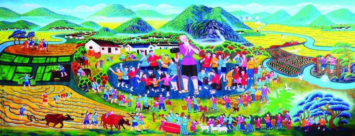 龙门农民画《仙龙嘉泉的传说》，展现王宾风情。 黄伟平、梁彩欢、骆雪芳绘。