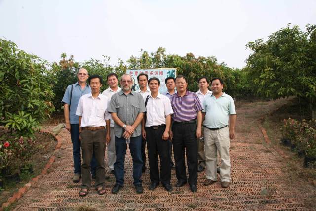 廣西熱作所芒果種植資源圃中，黃國弟（前排右3）及其團隊接待前來參觀的國外學者。