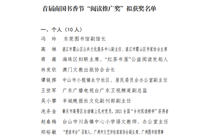 首届南国书香节“阅读推广奖”拟获奖名单公示
