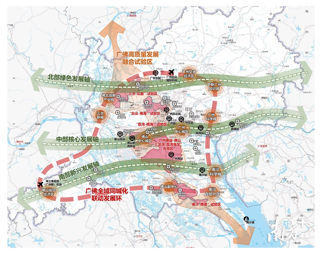 立足广佛全域同城化发展现状和最新要求,《规划》提出着力打造“一区、三轴、一环”的空间格局。资料图片 立足广佛全域同城化发展现状和最新要求,《规划》提出着力打造“一区、三轴、一环”的空间格局。资料图片