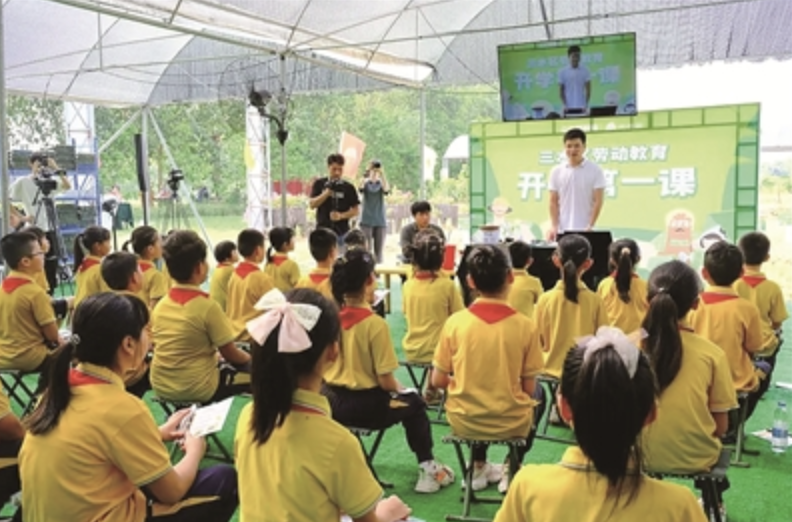 三水区开展劳动教育实践活动。图为乐平镇南边小学学生正在上劳动教育第一课。/来源“三水教育”公众号