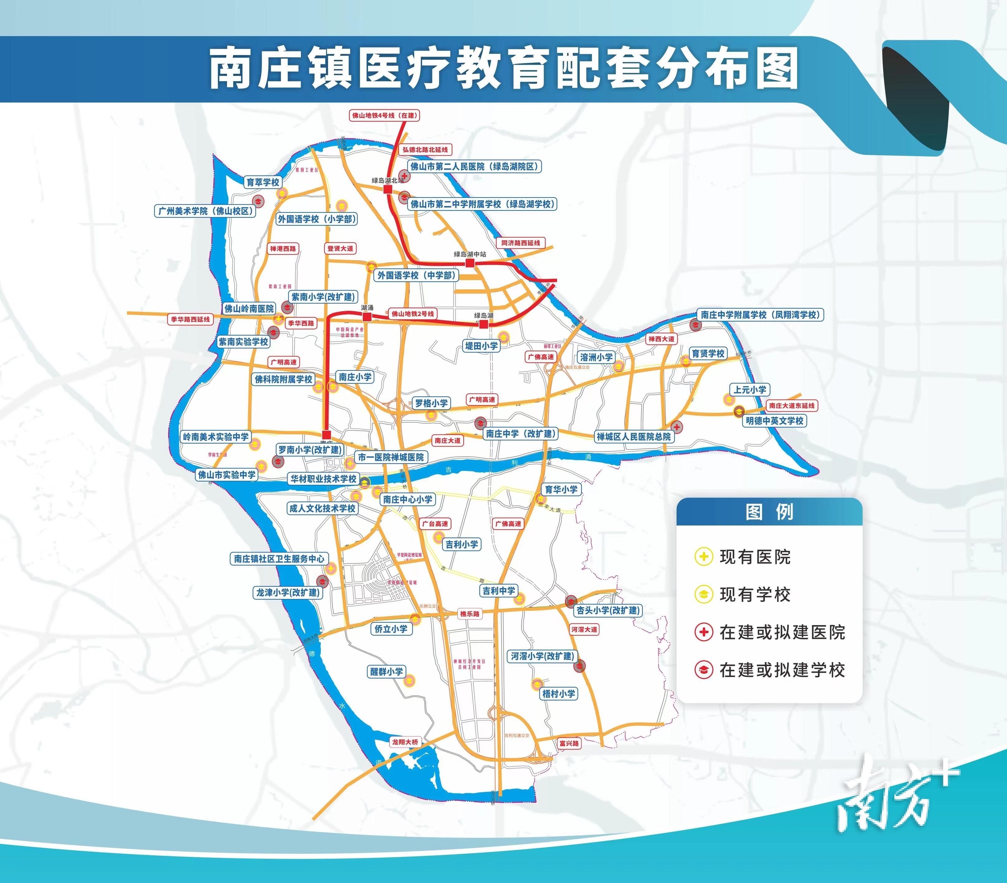 南庄镇医疗教育配套分布图。