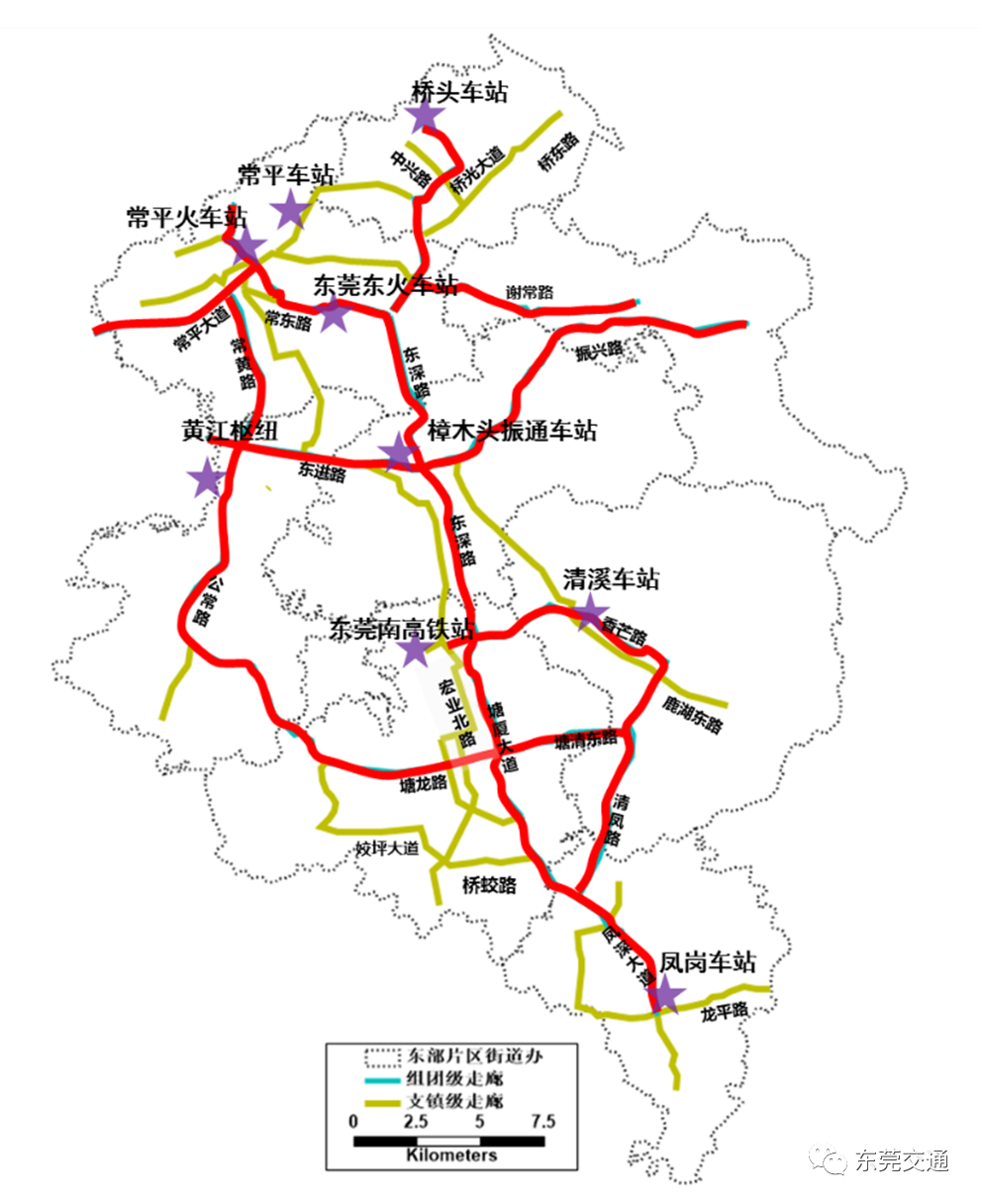 △东部片区“7横9纵”支镇级及“5横5纵”组团级公交客流走廊分布图 △东部片区“7横9纵”支镇级及“5横5纵”组团级公交客流走廊分布图