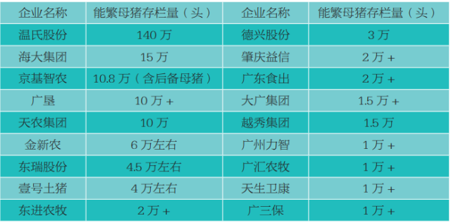 广东头部猪企能繁母猪存栏情况（单位：头），数据来源：公司公告及行业人士分享，如有疏漏欢迎交流更正。