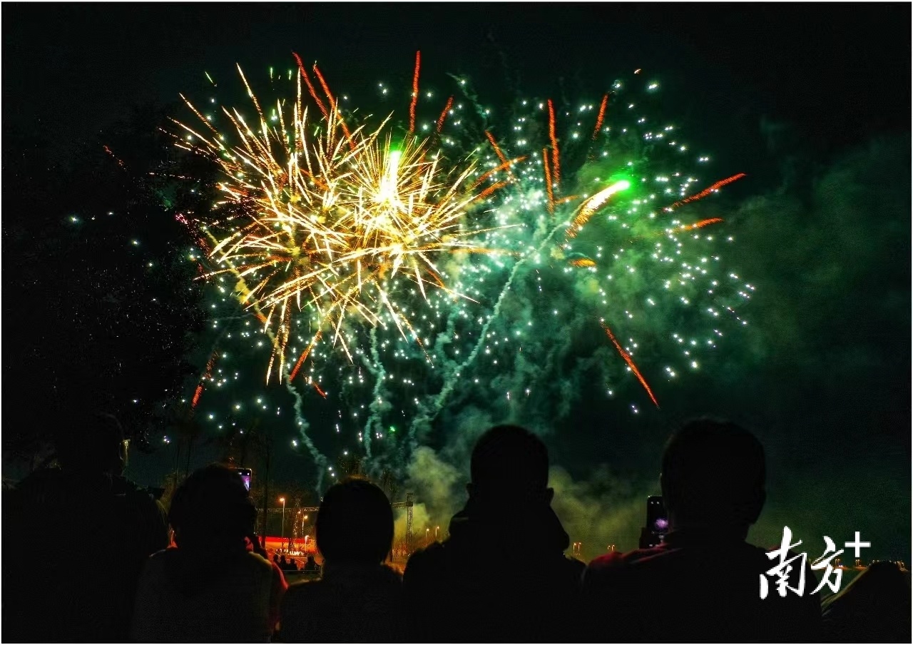 绚丽璀璨的烟花点亮整个九江儒林湾江滨。