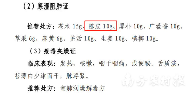 陈皮在《新型冠状病毒感染诊疗方案（试行第十版）》不同阶段的中医治疗处方中多次被提及
