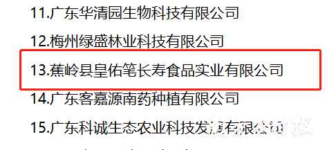 蕉嶺縣皇佑筆長壽食品實業(yè)有限公司進入監(jiān)測合格省重點農(nóng)業(yè)龍頭企業(yè)名單。