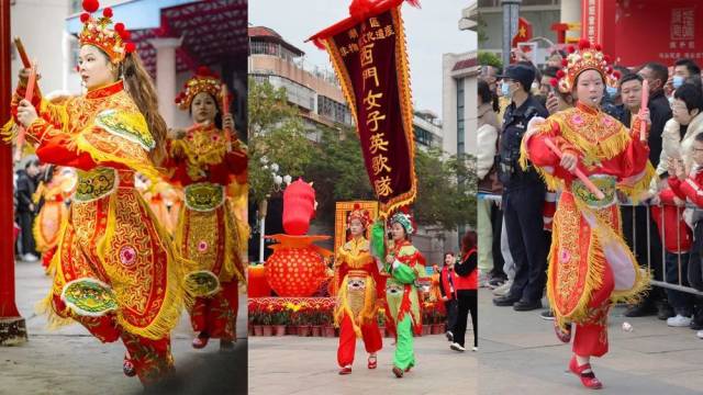 拼版照片：左中右均为潮阳西门女子英歌队在表演中。新华社发