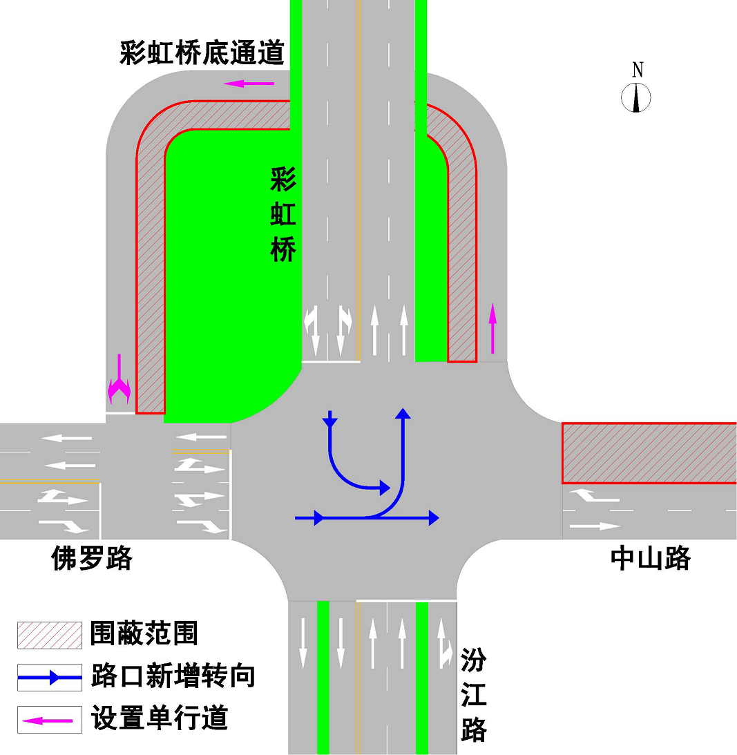 图2 彩虹桥桥底通道施工交通绕行方案