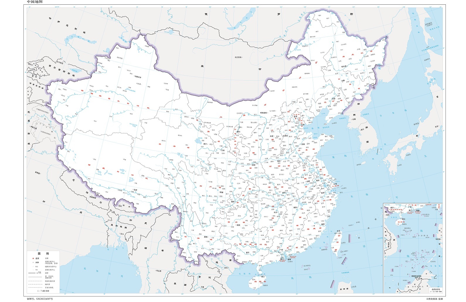 中国地图 1:740万 对开 界线版 有邻国 线划一 图片来源:标准地图服务