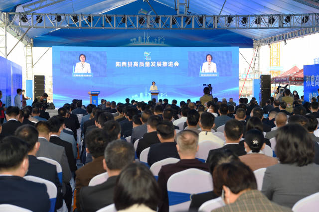 2月14日上午，阳西县委书记张秀洁在全县高质量发展推进会上发表讲话。（李泮 摄）