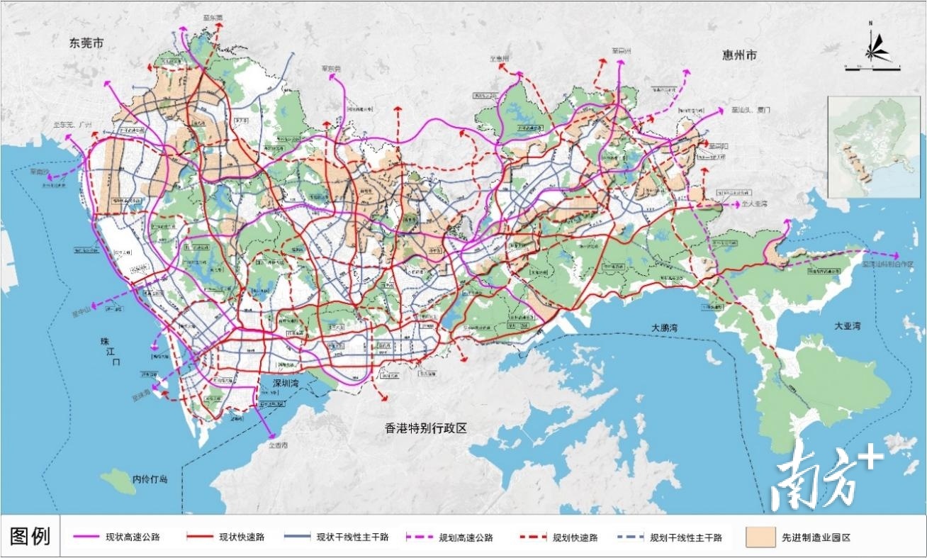 深圳20大先进制造业园区分布与城市干线路网体系