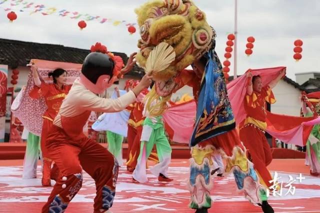 清遠(yuǎn)佛岡婦女在“村晚”上表演“舞被獅”,。