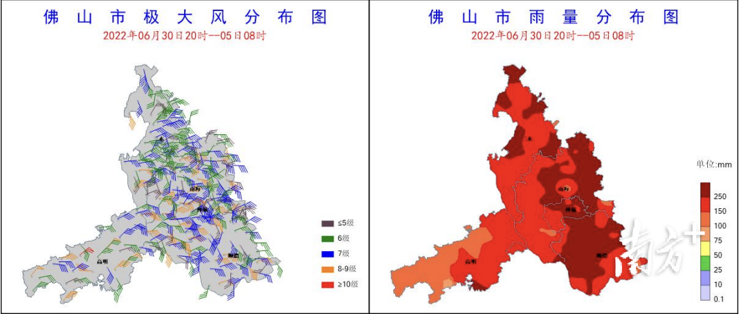 台风“暹芭”影响期间佛山风雨实况图。