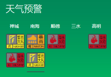 截至24日12时，禅城、南海雷雨大风黄色预警生效，南海暴雨橙色、冰雹橙色预警生效。