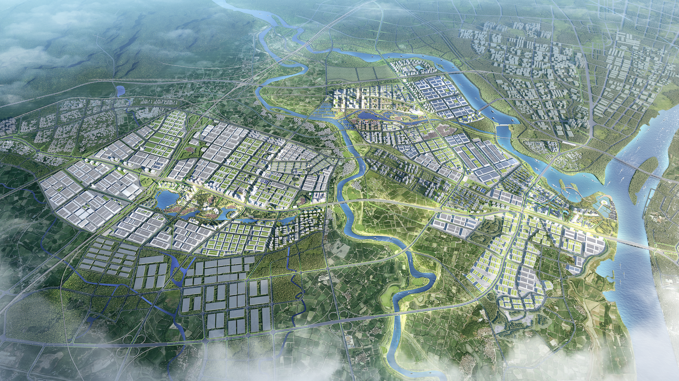 广东省（肇庆）大型产业集聚区市管起步区俯瞰效果图。