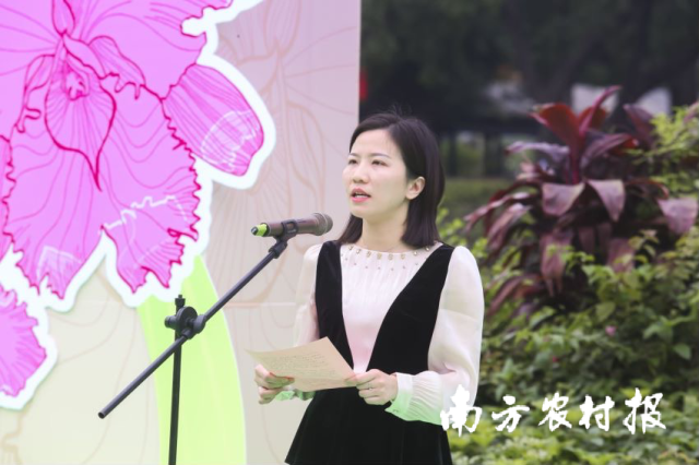 肇慶四會市石狗鎮(zhèn)黨委副書記,、鎮(zhèn)長范夢婷做蘭花推介