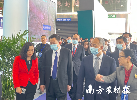 农业农村部华南热带智慧农业技术重点实验室主任肖德琴（左一）教授向农业农村部副部长马有祥（右二）等领导汇报实验室成果。