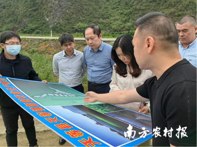調(diào)研組在天等鎮(zhèn)智慧農(nóng)業(yè)生產(chǎn)基地（一期）考察。