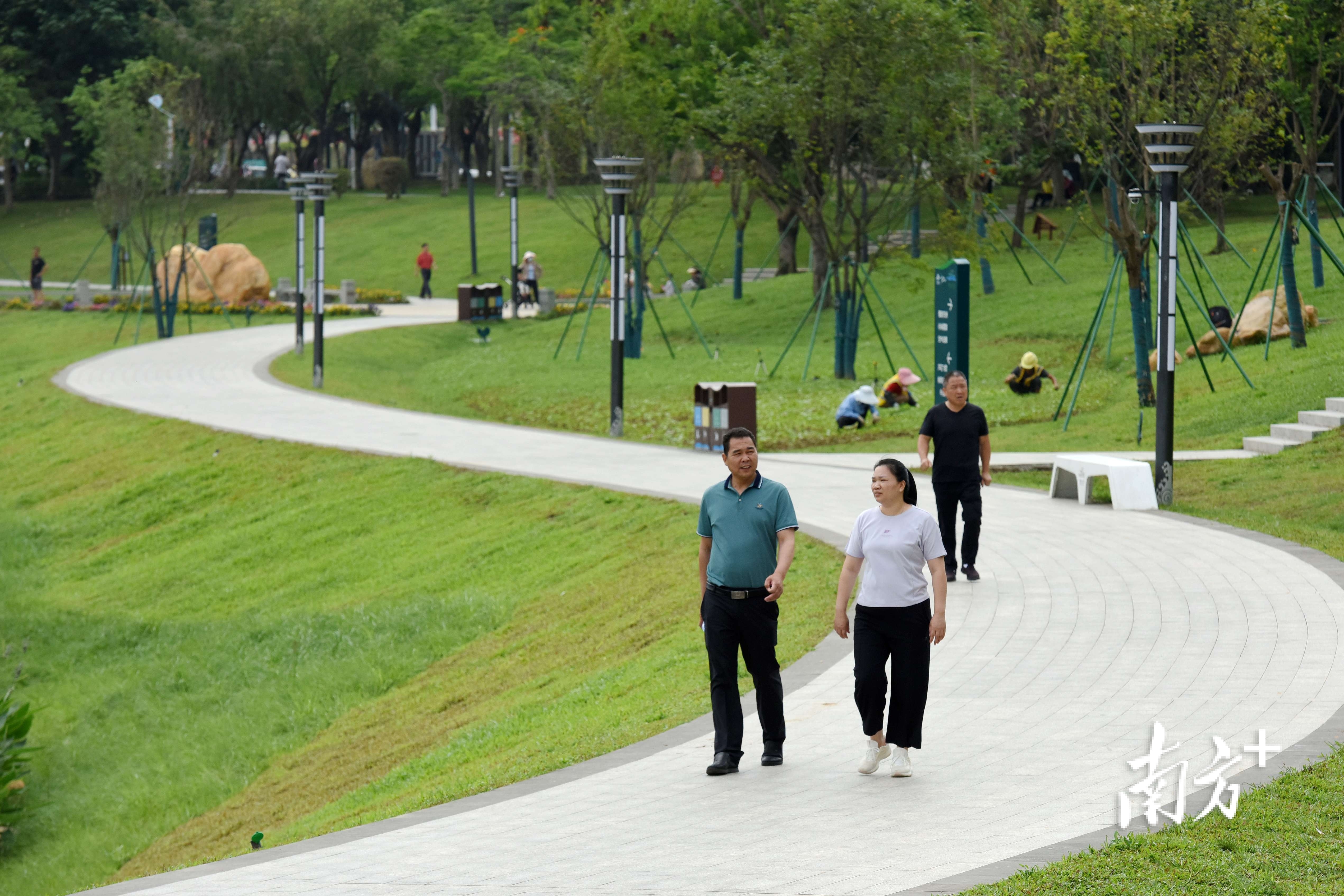 绿美的滨水公园里，市民在散步。