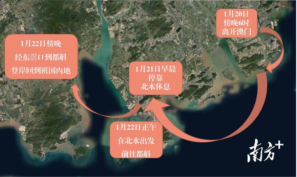 经都斛东滘口回到内地的第二批文化名人的营救路线示意图。台山市博物馆供图