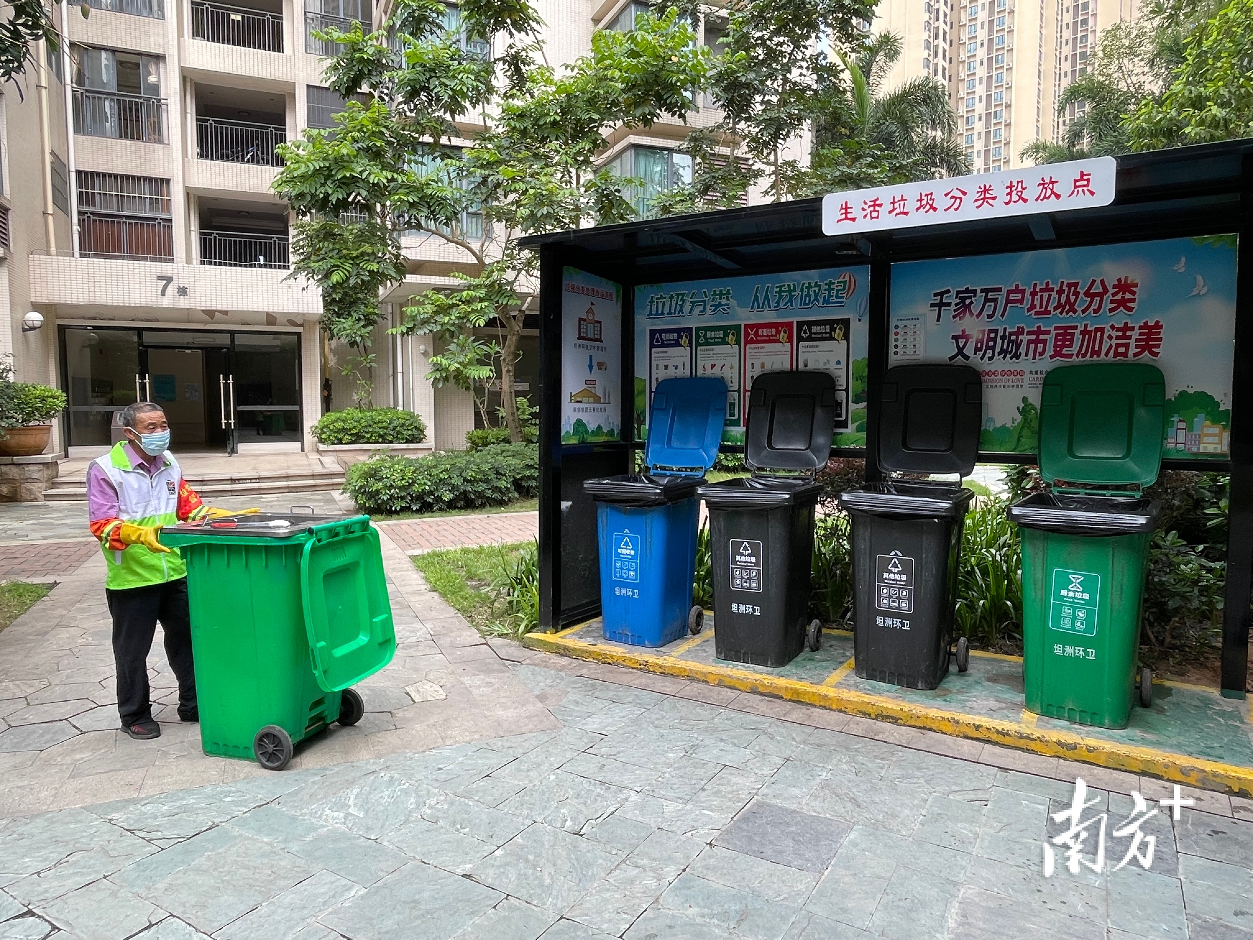 督导员在中环明珠花园生活垃圾分类投放点上岗。 南方+ 雷海泉 拍摄