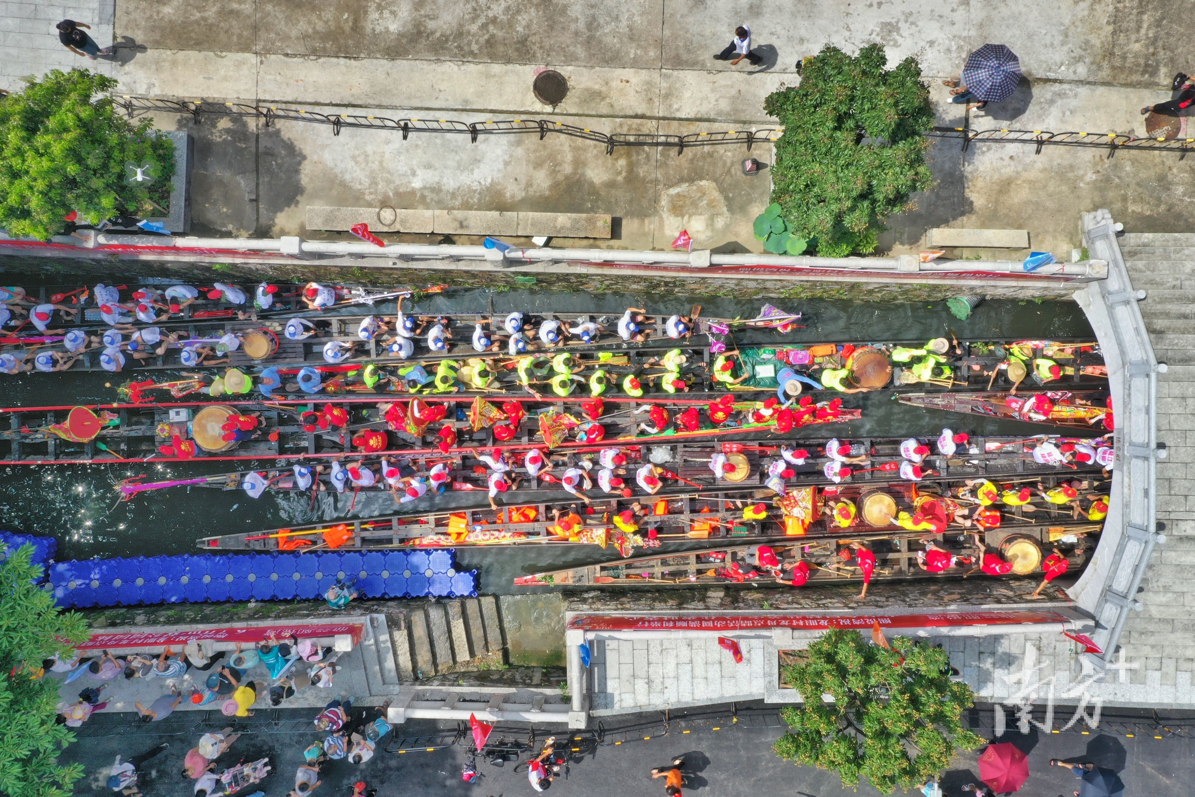 顺德勒流出现“塞船”,珠三角百只龙舟沿着水路集聚于此。戴嘉信 摄 顺德勒流出现“塞船”,珠三角百只龙舟沿着水路集聚于此。戴嘉信 摄