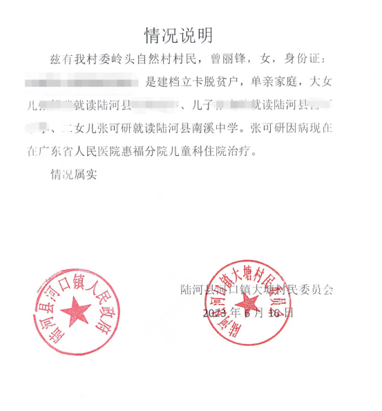 河口镇政府和大塘村委会开具的情况说明