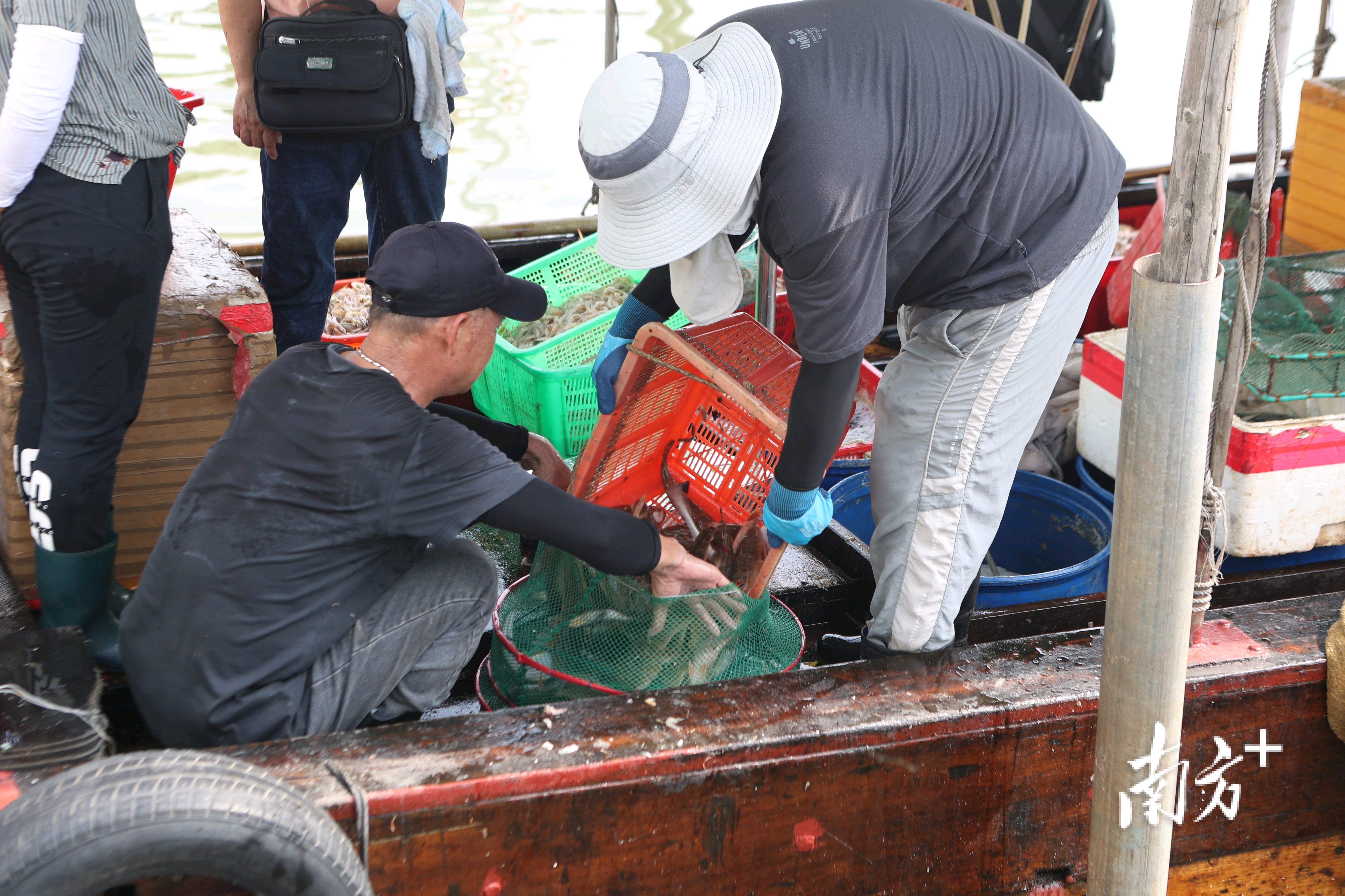 渔民从船上卸下渔获,运往海鲜市场。 渔民从船上卸下渔获,运往海鲜市场。